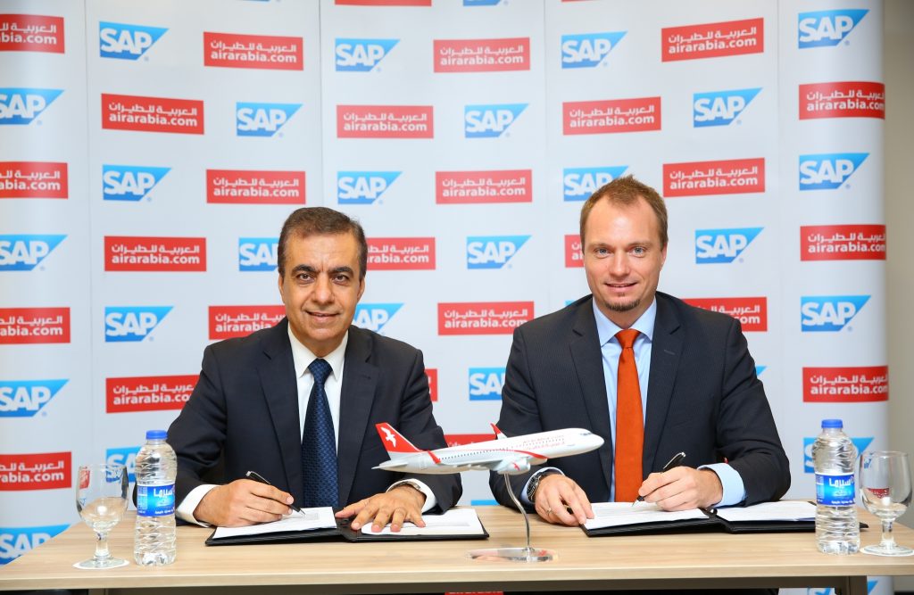 Adel Al Ali Group CEO Air Arabia Julien Bertin Managing Director SAP during signing ceremony