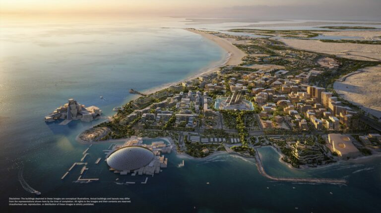 Saadiyat Cultural District 3D Render Sunset Aerial Image EN scaled