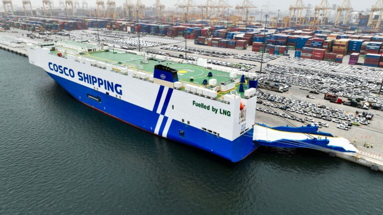 A flagship of COSCO Shippings RoRo fleet the Min Jiang Kou has capacity for 7500 vehicles scaled