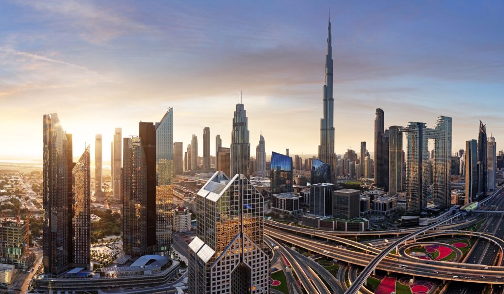 Dubai skyline at sunset