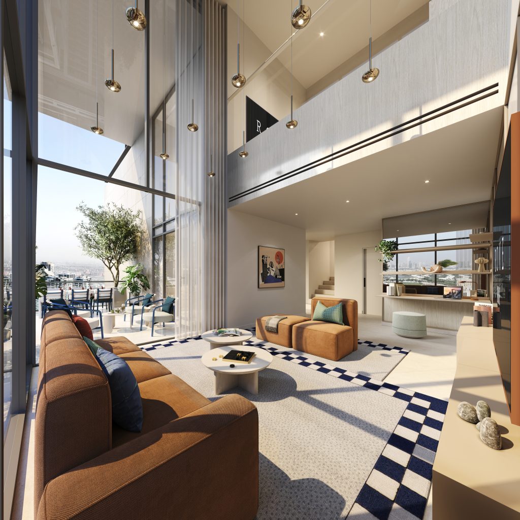 The upper floors house chic one- and two-bedroom Skylofts with double-height windows showcasing stunning marina views