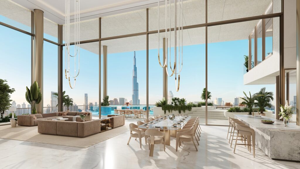 The penthouse offers stunning views of Dubai's iconic landmarks, including Burj Khalifa, Dubai Fountain, Burj Al Arab, and Dubai Canal