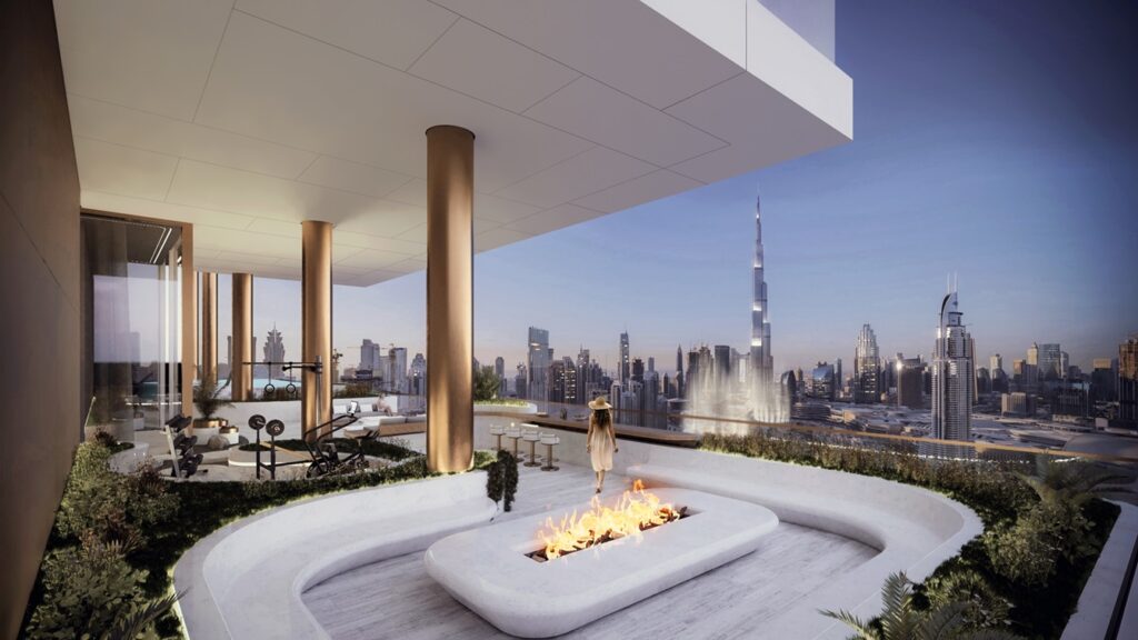 The penthouse offers stunning views of Dubai's iconic landmarks, including Burj Khalifa, Dubai Fountain, Burj Al Arab, and Dubai Canal